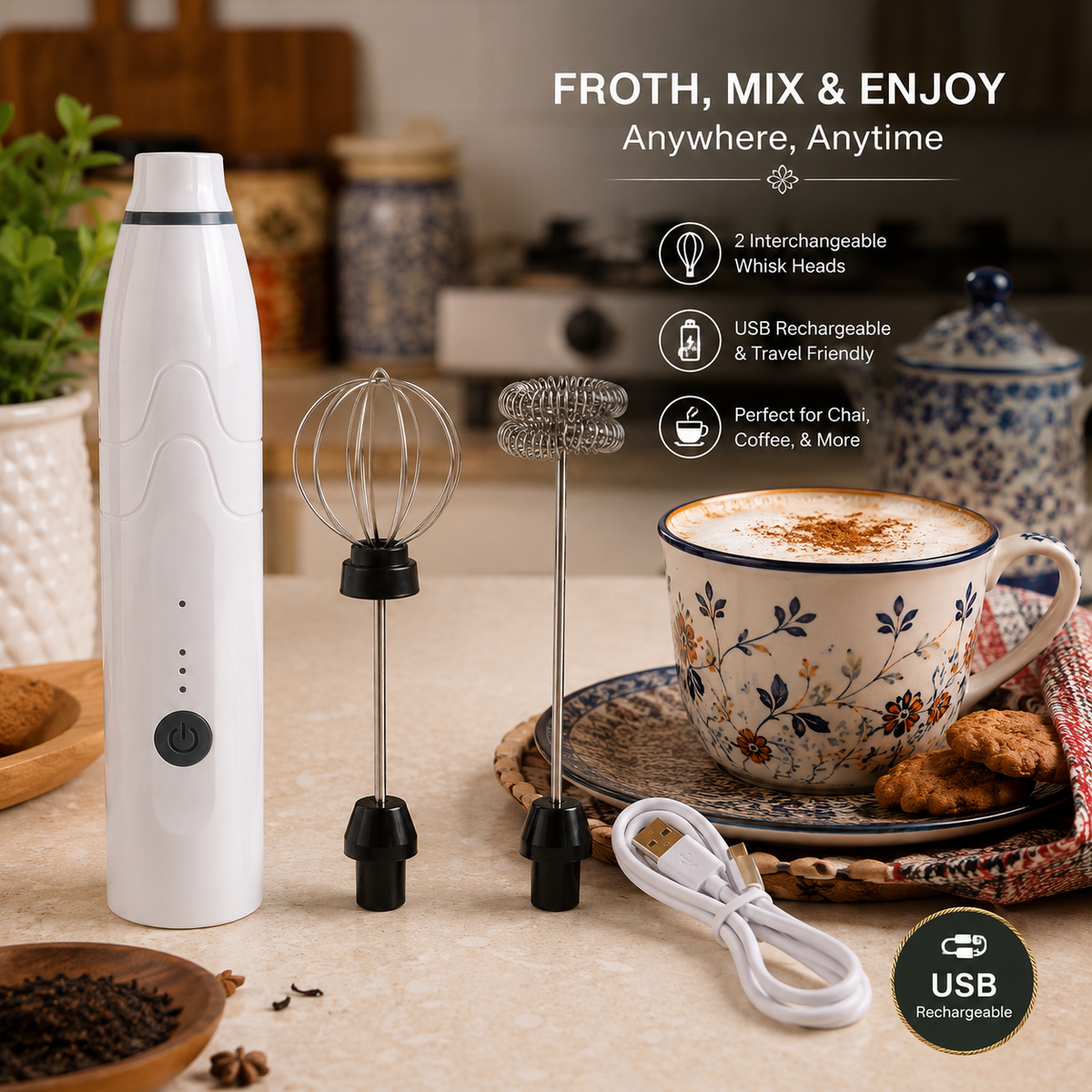 2-in-1 Rechargeable Milk Frother – Complete USB Set